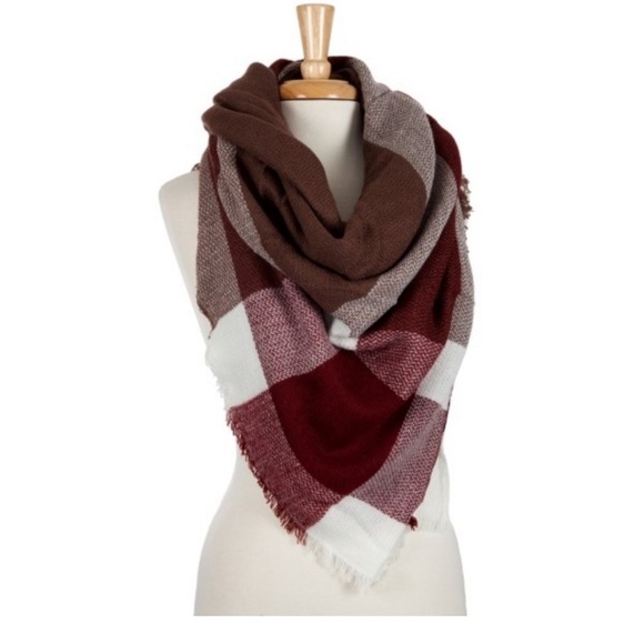 (58) New Fall Winter Burgundy And Brown Plaid Blanket Scarf - Picture 7 of 7